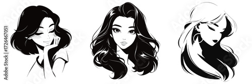 Three artistic depictions of women showcase different hairstyles and expressions in a minimalist black and white design, highlighting beauty and style.