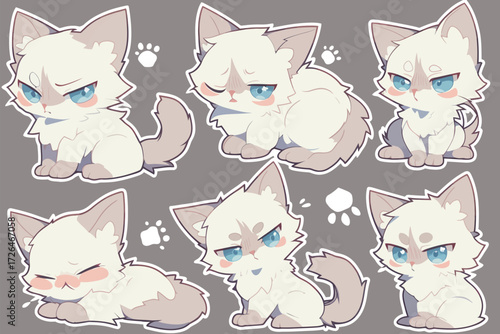 Six adorable white cat characters are shown with different expressions and poses. Each character has big blue eyes, conveying a range of feelings from sleepy to playful.