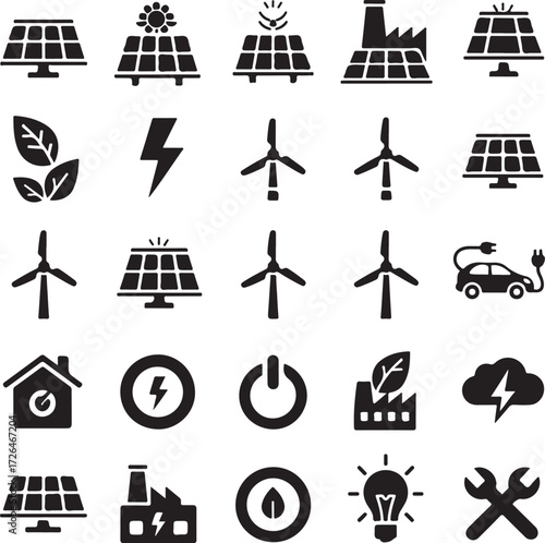 Solar Energy Thin Line Icons - Editable Stroke - Icons Include Renewable Energy, Electricity, House With Solar Panels, Business With Solar Panels, Solar Panels, Solar Power