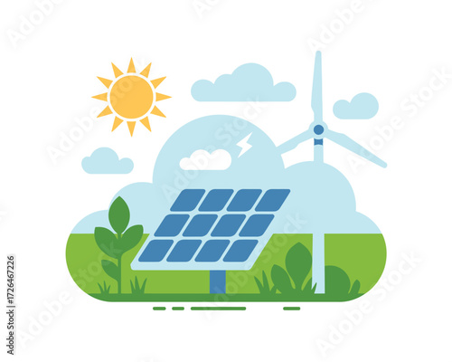 Renewable energy sources including solar panel and wind turbine in a green landscape