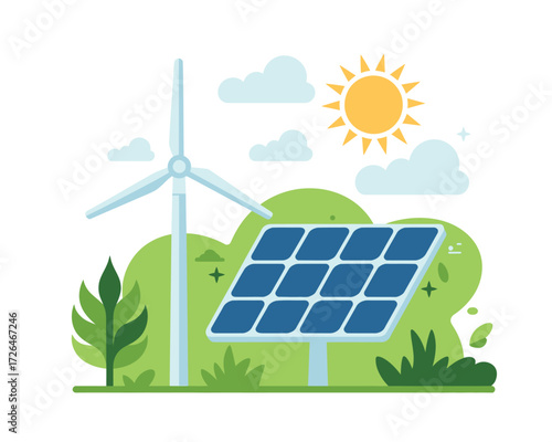 Renewable energy sources wind turbine and solar panel under the sun