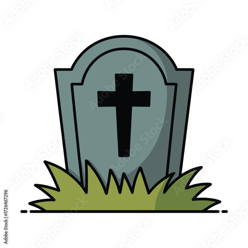 Cartoon gravestone with cross and grass illustration