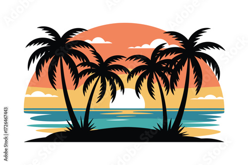 Tropical sunset over the ocean with silhouetted palm trees on a beach