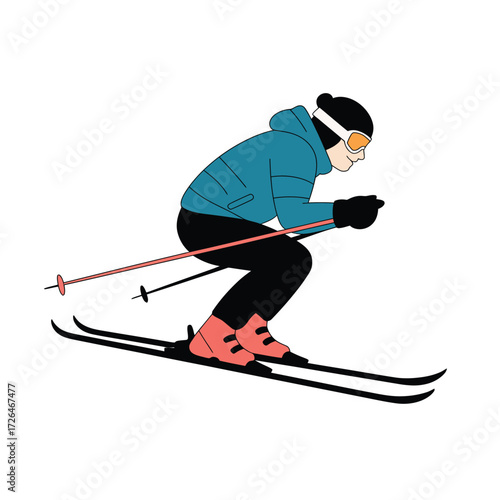 Woman skier in blue jacket and orange boots skiing downhill
