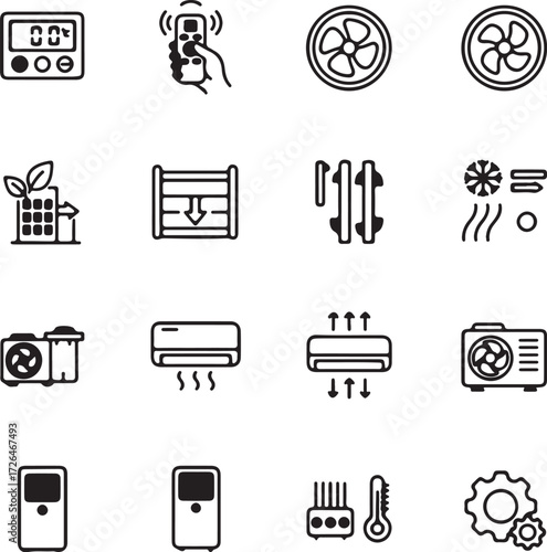 Line art icons of air conditioning and ventilation units in various styles