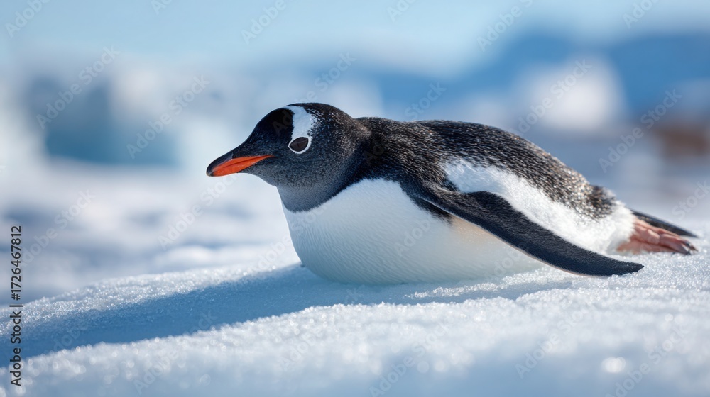 Fototapeta premium penguin sliding on ice close up, playful pose, snowy landscape, realistic wildlife photography