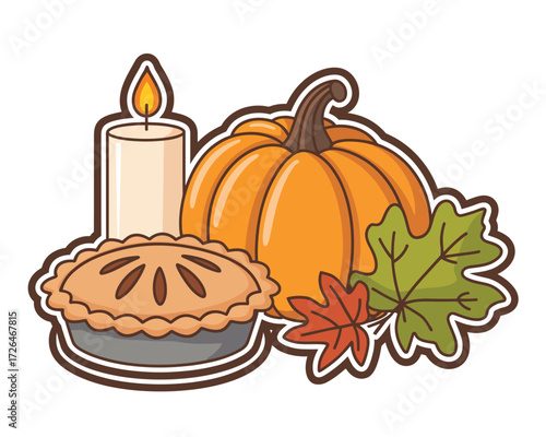 Cozy autumn scene with pumpkin pie candle and fall leaves