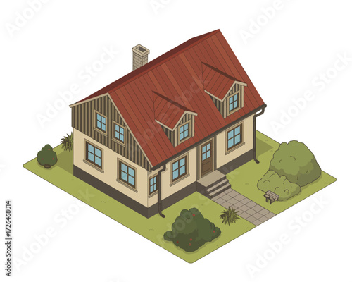 Charming traditional house with red roof and green landscaping