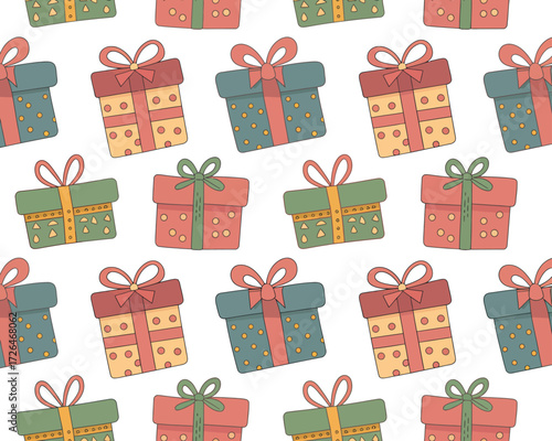 Seamless pattern of colorful gift boxes with ribbons for holidays and celebrations