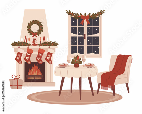 Cozy christmas living room scene with fireplace and decorated window