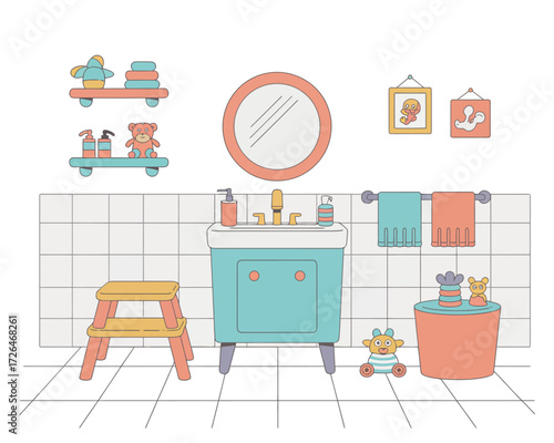 Cute cartoon bathroom with sink mirror and accessories for kids