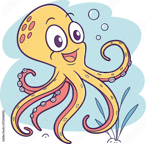 Smiling Octopus Illustration: A friendly blue and orange octopus with a toothy grin and eight tentacles smiles cheerfully at the viewer in this cheerful cartoon illustration.