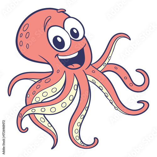 Smiling Octopus Illustration: A friendly blue and orange octopus with a toothy grin and eight tentacles smiles cheerfully at the viewer in this cheerful cartoon illustration.