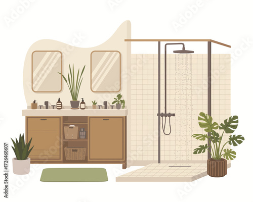 Modern bathroom interior with shower and double vanity