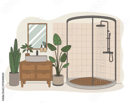 Modern bathroom with plants and a stylish shower stall