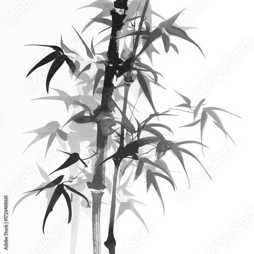 A collection of bamboo stalks and leaves in shades of black and gray, showcasing a peaceful and minimalist aesthetic. The arrangement creates a calming effect.