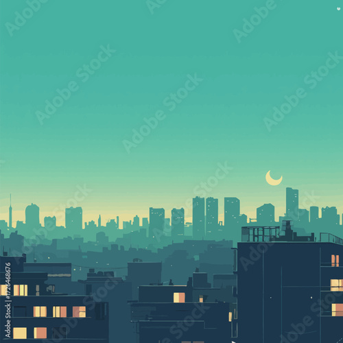 A serene view of a city skyline at dusk features silhouettes of buildings against a turquoise sky. The crescent moon adds charm to the evening scene.