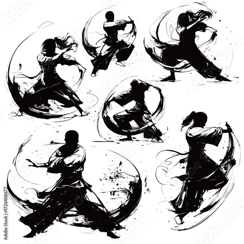Six martial artists are captured in action, showcasing various techniques with flowing movements. The composition highlights their grace and skill as they move.
