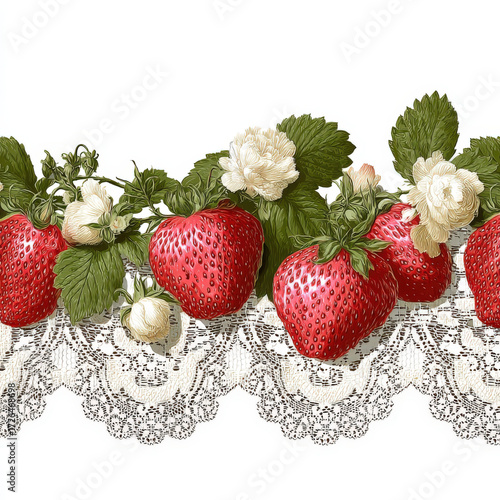Soft Pink Lace Seamlessly Integrated with Fresh Strawberries Pattern