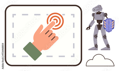 Hand pressing circular target button, robot holding shield symbolizing security, and a cloud. Ideal for technology, robotics, AI, security, protection cloud computing interaction. Simple flat