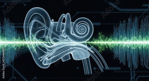 Glowing Human Inner Ear Anatomy with Dynamic Green and Blue Sound Waves