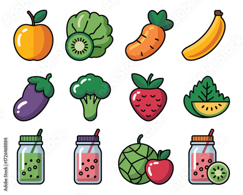 Collection of fresh fruits and vegetables with healthy drinks in jars