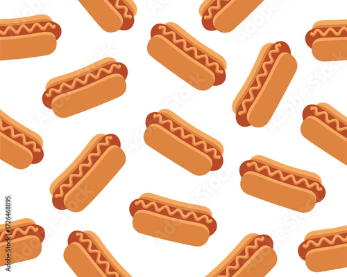 Seamless pattern of delicious hot dogs with ketchup on a white background