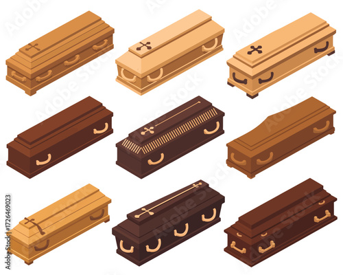 Collection of nine wooden coffins in various styles and colors