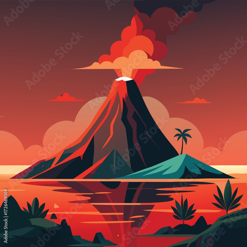   island with volcano and lava flowing into ocean (1).eps