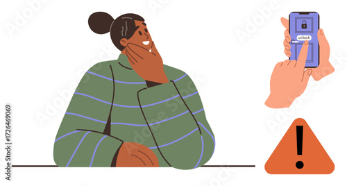 Thoughtful person in striped sweater rests on hand amid actions to unlock a phone and a warning symbol. Ideal for decision-making, security, privacy, technology, risk, self-reflection, caution