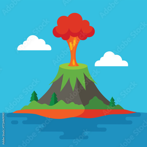   island with volcano and lava flowing into ocean.eps