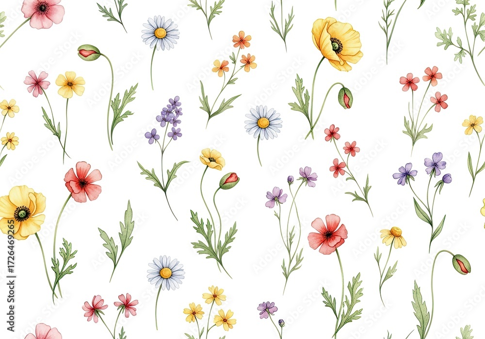 Fototapeta premium Delicate Wildflower Watercolor Pattern with Poppies, Daisies, and Green Leaves