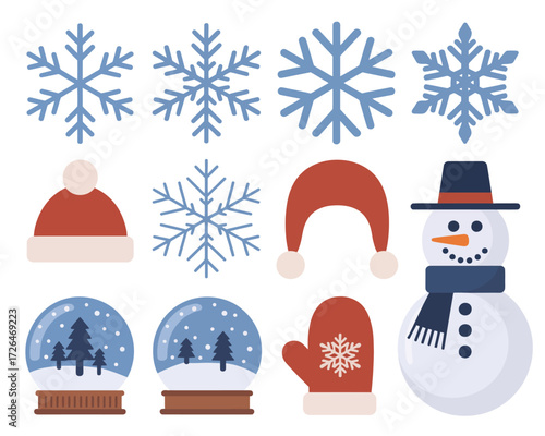 Winter holiday icons featuring snowflakes snowman hats and mittens