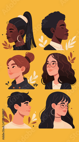 A colorful display features six portraits of young individuals. Their unique hairstyles and expressions reflect diverse personalities, set against a bright yellow background.