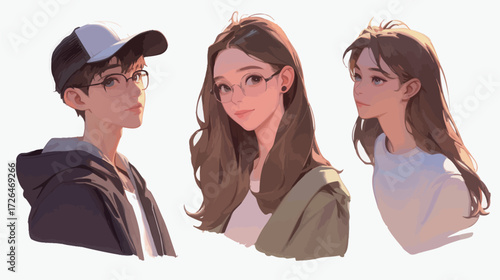 Three young individuals are portrayed with unique hairstyles and clothing styles. The art captures their distinct expressions and personalities, highlighting youth culture.