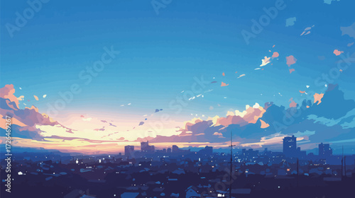 Soft clouds swirl above a city as the sun sets, casting warm colors across the sky. Buildings silhouette against the glowing horizon, creating a stunning evening view.