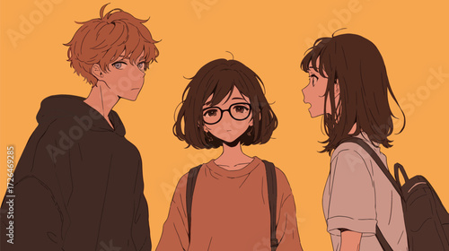 Three young friends engage in a lively conversation in a vibrant yellow environment. They display a range of emotions, showcasing camaraderie and connection.