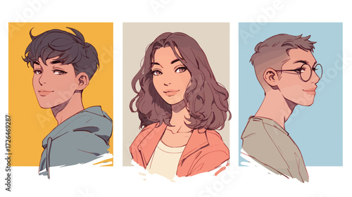 Three young individuals are displayed in vibrant, stylized portraits, each highlighting unique hairstyles and expressions against different colored backgrounds.
