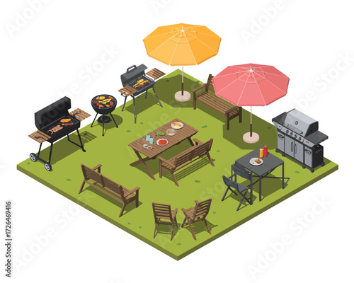 Isometric view of a backyard barbecue party setup with grills and seating