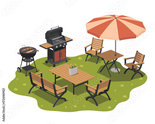 Outdoor backyard barbecue scene with grill table chairs and umbrella