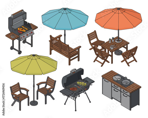 Outdoor living collection featuring grills umbrellas and patio furniture
