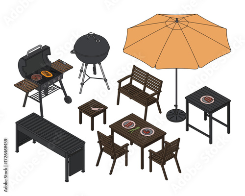 Outdoor patio furniture and grills collection isometric view