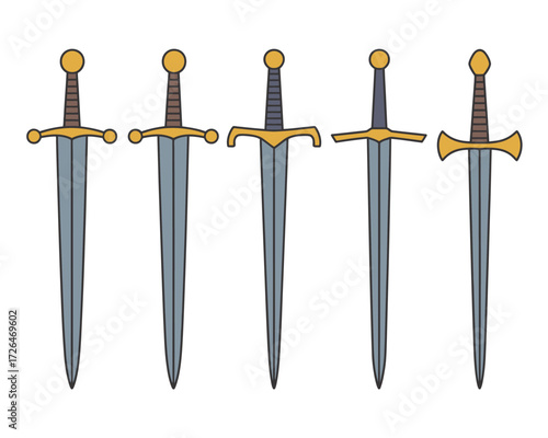 Collection of five ornate medieval swords displayed vertically against a white background