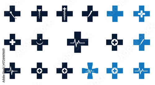 Collection of medical crosses representing healthcare and emergency services with various symbols on a white backdrop, conveying trust and professionalism.