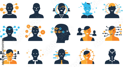 Diverse group of stylized avatars representing different personalities and professions connected by digital networks, showcasing modern communication and individuality.