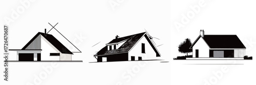 Three distinct house designs highlight modern architecture with varied shapes. Each structure features unique rooflines and facades, emphasizing simplicity and functionality.