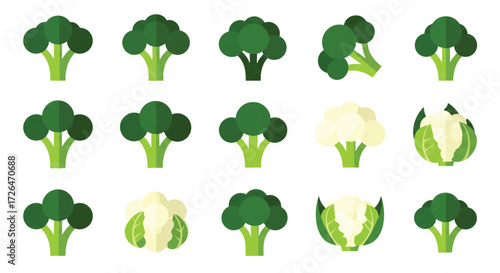 Broccoli and cauliflower arrangement in a neat row on white surface showcasing fresh produce for healthy eating and nutrition.
