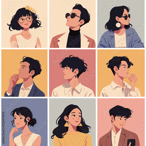 Nine people are arranged in a grid, showcasing various hairstyles and outfits. Each individual displays a unique style, indicating a blend of personalities and trends.