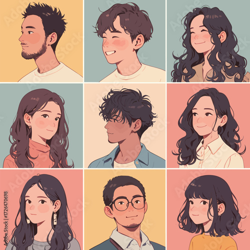 A grid of nine young adults shows various hairstyles and smiles. Each person has unique features and styles, creating a vibrant and friendly atmosphere.