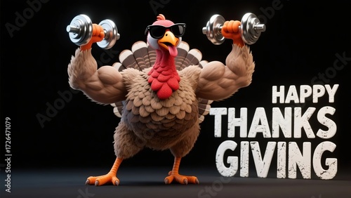 A muscular turkey wearing sunglasses lifts dumbbells with 'Happy Thanksgiving' text on a dark background.
